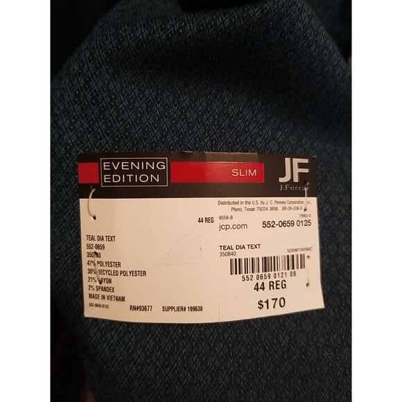 44 Reg- J. Ferrar Mens Diamond Slim Fit Tuxedo Jacket- Teal - Picture 5 of 5